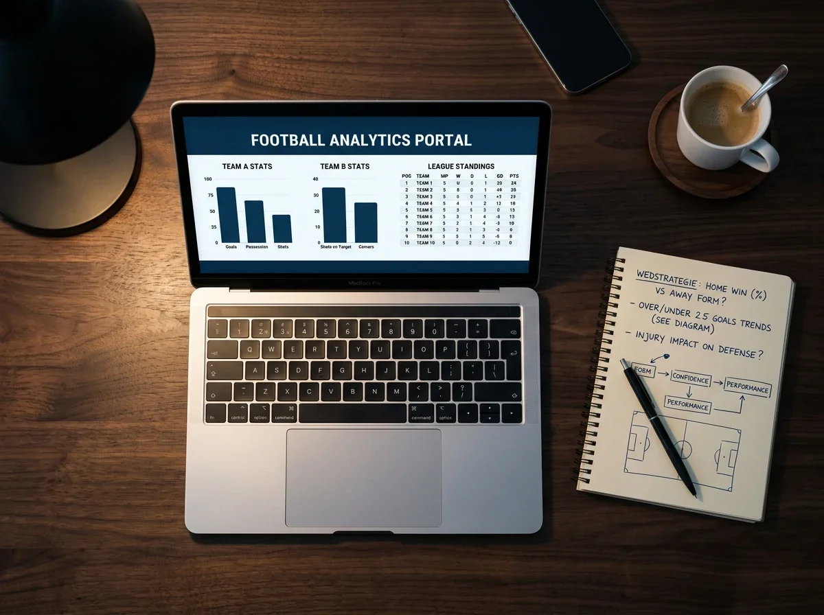 Voetbalstatistieken en data-analyse op een laptopscherm